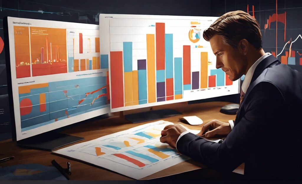 illustration showcasing a man studying different charts and graphs for maximizing ROI on banner advertisement
