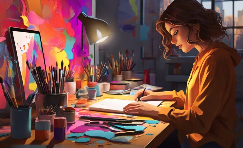 a graphic designer selecting best colors and fonts for banner design